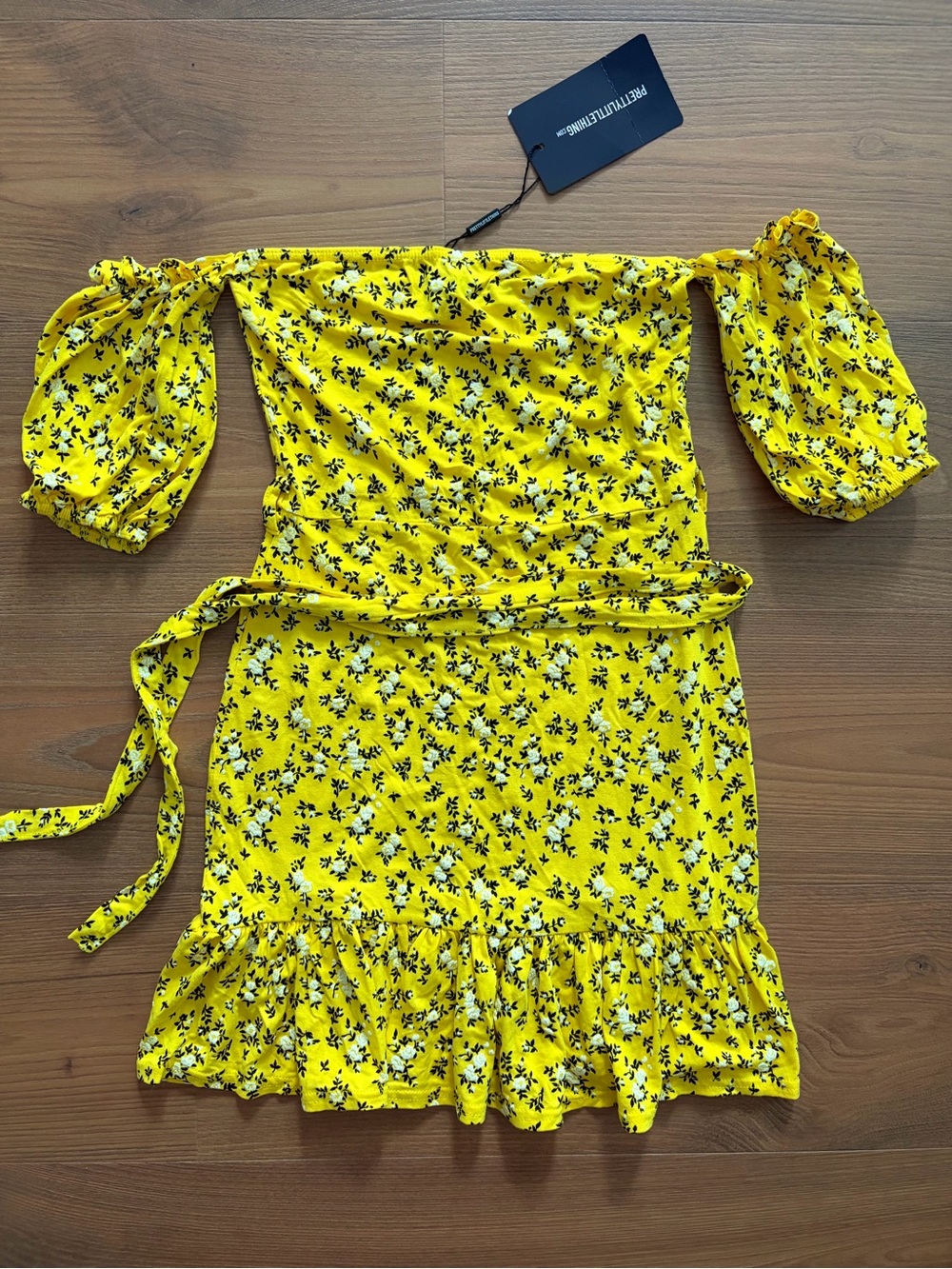 Yellow Floral Tie-Waist with Puff Sleeves Off Shoulder Pretty Little Thing